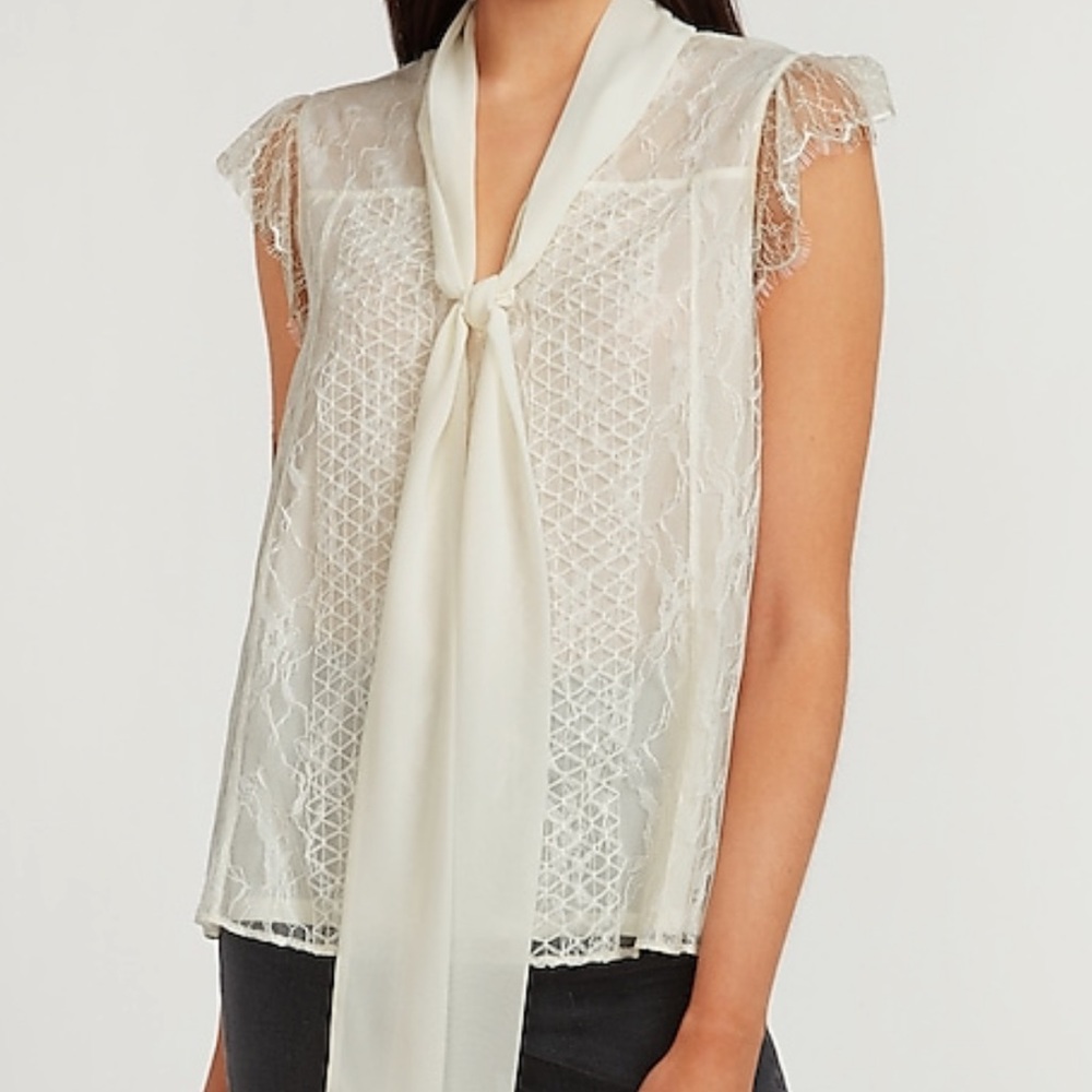🆕EXPRESS Ivory Tie Neck Lace Top - Size: S
